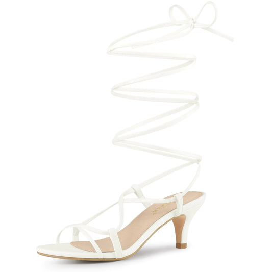 Allegra K Womens White Strappy Lace Up Kitten Heels White Sandals 9 M US