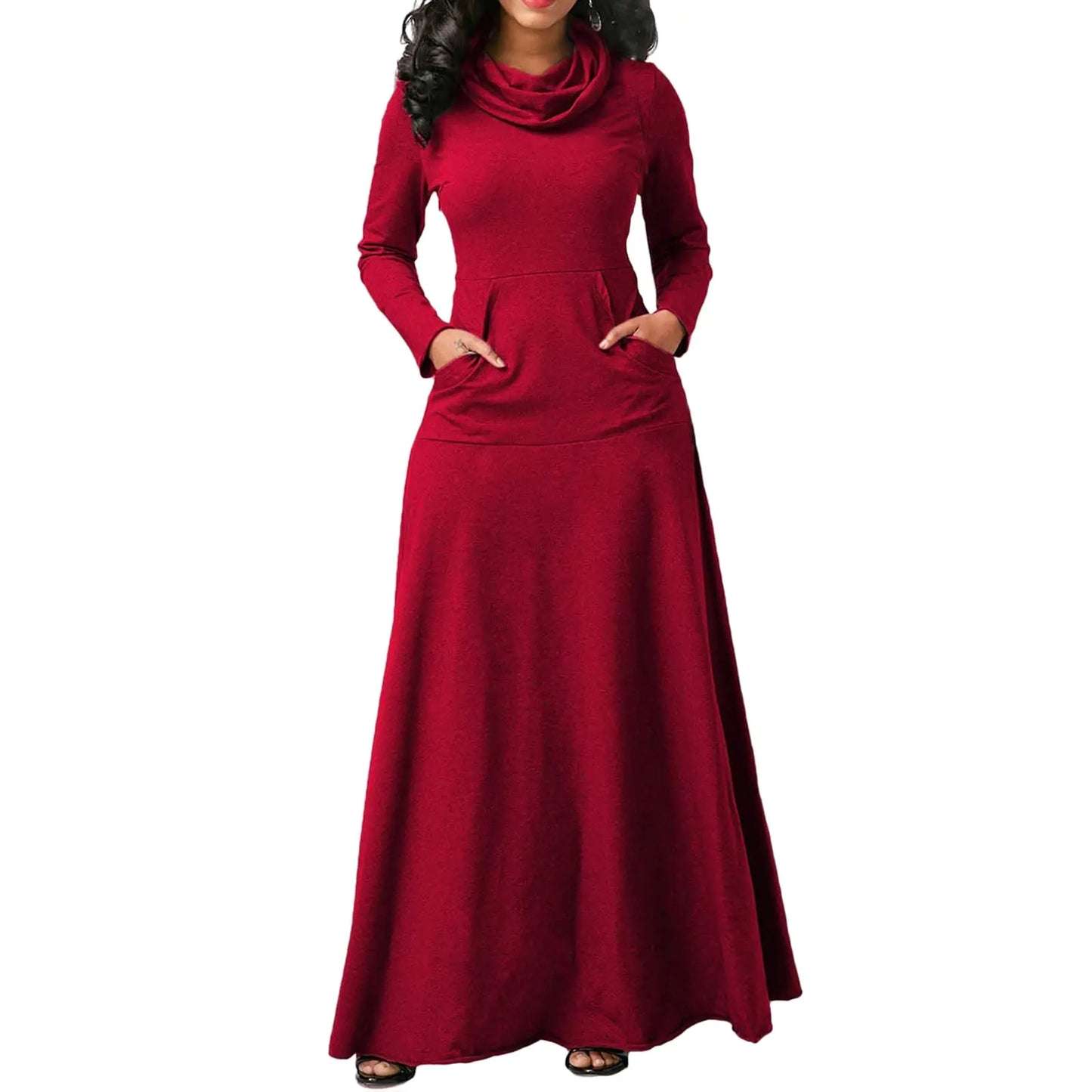 ZWRXW Womens Turtleneck Maxi Dress Casual Long Sleeve Fall Winter Elegant Solid Plus Size Swing Long Dresses with Pocket Red