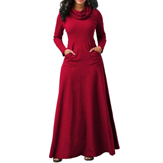 ZWRXW Womens Turtleneck Maxi Dress Casual Long Sleeve Fall Winter Elegant Solid Plus Size Swing Long Dresses with Pocket Red