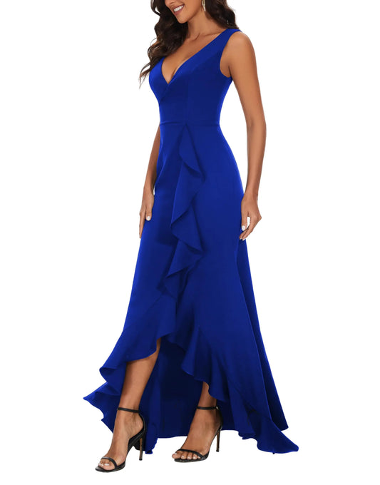 StarAneer Formal Dress for Women; Wedding Guest Long Wrap Ruffle Evening Party Gala Bridesmaid Deep V Neck Sleeveless Elegant Classic Sexy Split Maxi Dress Royal Blue M