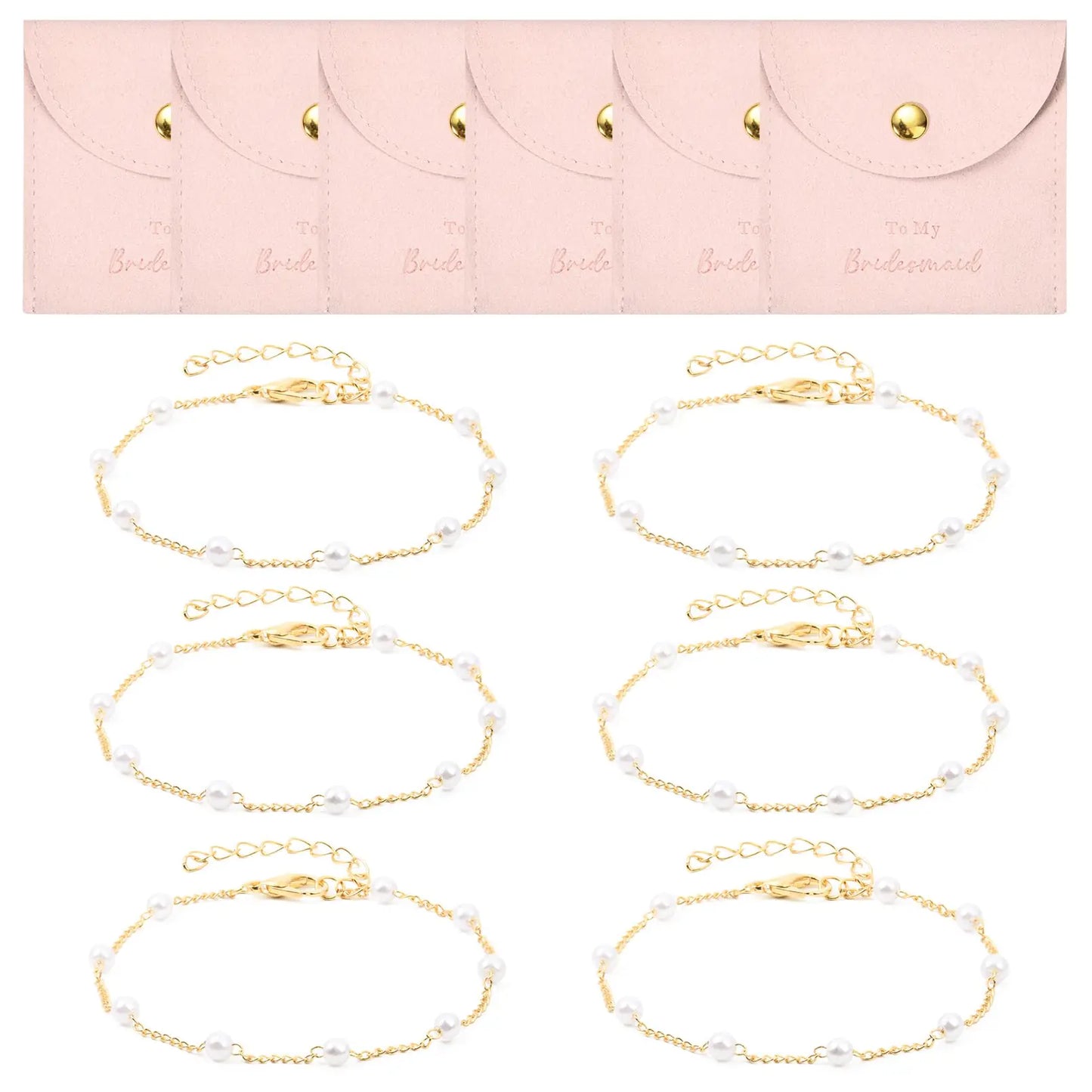 DEEKA 12 Pcs Jewelry Bridesmaid Gifts Microfiber Small Jewelry Bags Pouch & Pearl Bracelet Set of 6 Jewelry Packaging Bridesmaid Proposal Gift Wedding Favors Bridal Party Favors Gifts (Pink Gold)