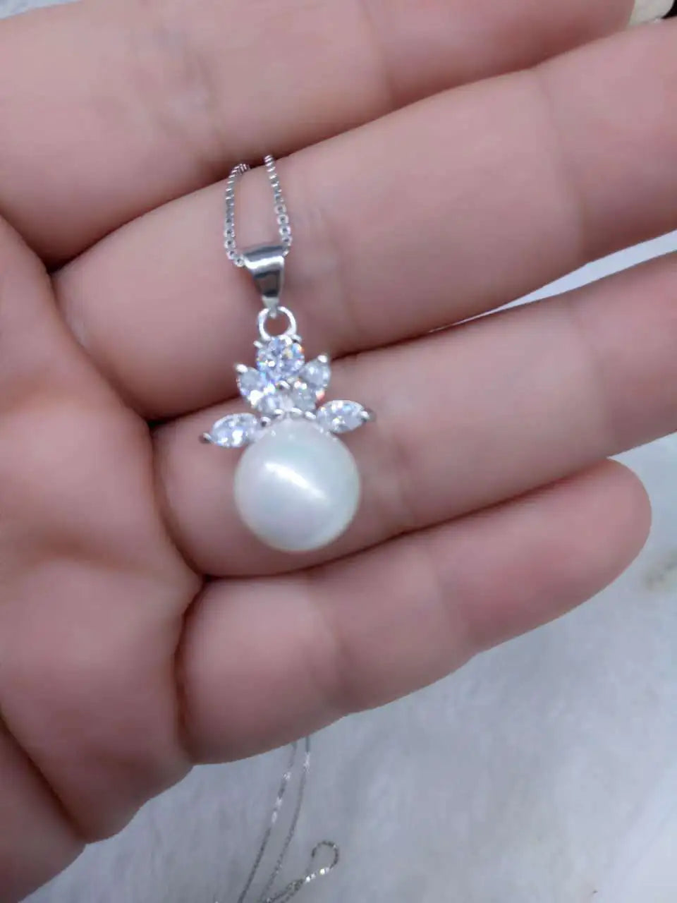 S925 Silver Jewelry Wholesale - Pearl Necklace with Diamonds