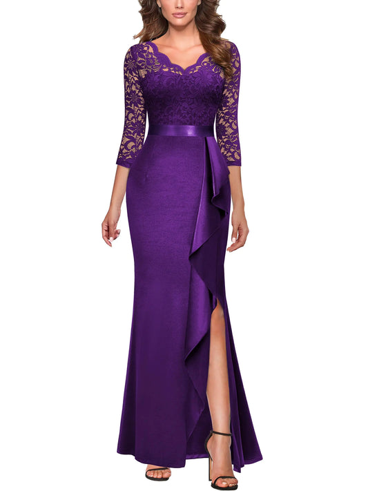 MISSMAY Womens Elegant Floral Lace V-Neck Formal Wedding Maxi Dress (Medium Purple)