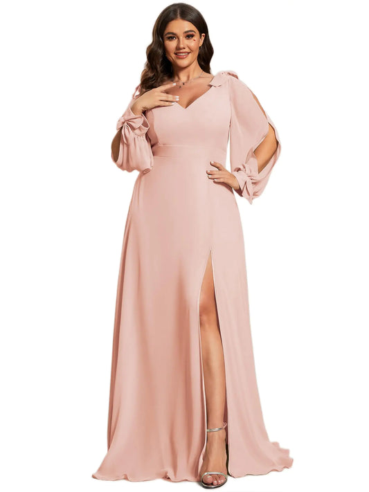Ever-Pretty Womens V-Neck Elegant Chiffon Long Sleeve Plus Size Side Slit Formal Dress Pink US18