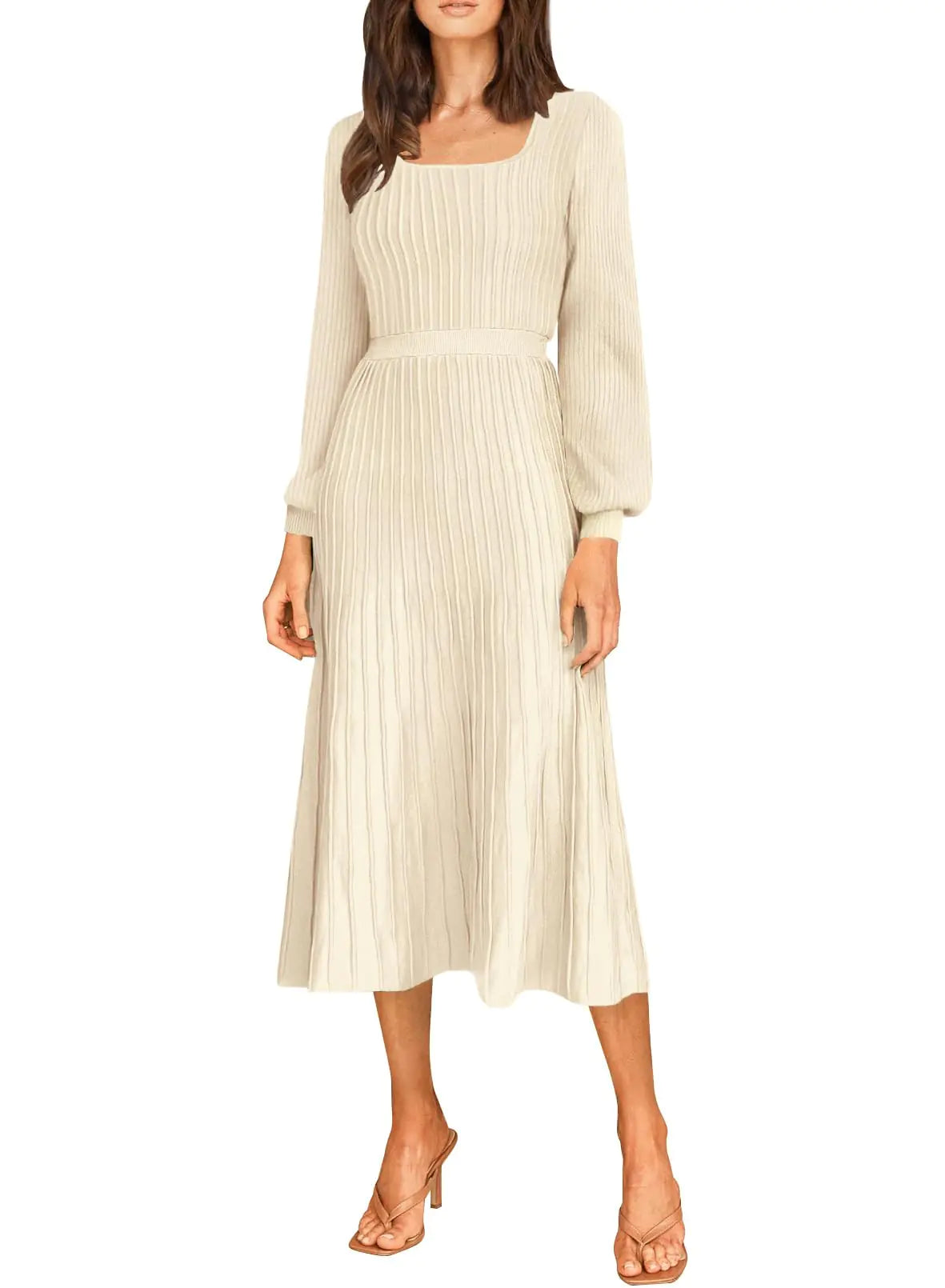 Womens Sweater Dresses Midi Fall Dress Long Sleeve Elegant Ribbed Apricot L