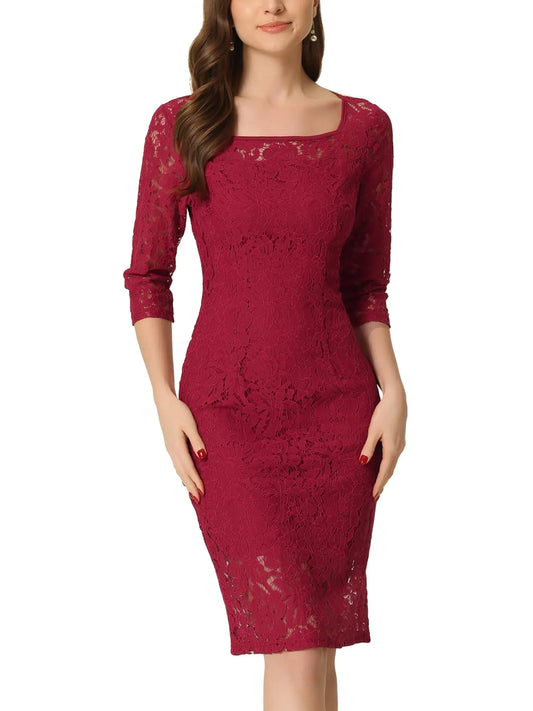 Allegra K Lace Dress for Womens Elegant 3/4 Sleeve Square Neck Bodycon Cocktail Dresses X-Large Wine Red