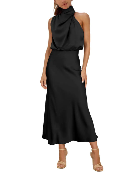 MIRGLER Womens Black Sleeveless Mock Neck Satin Dresses Elastic High Waist Wedding Guest Evening Cocktail Party Elegant Formal Maxi Dress for Women XL