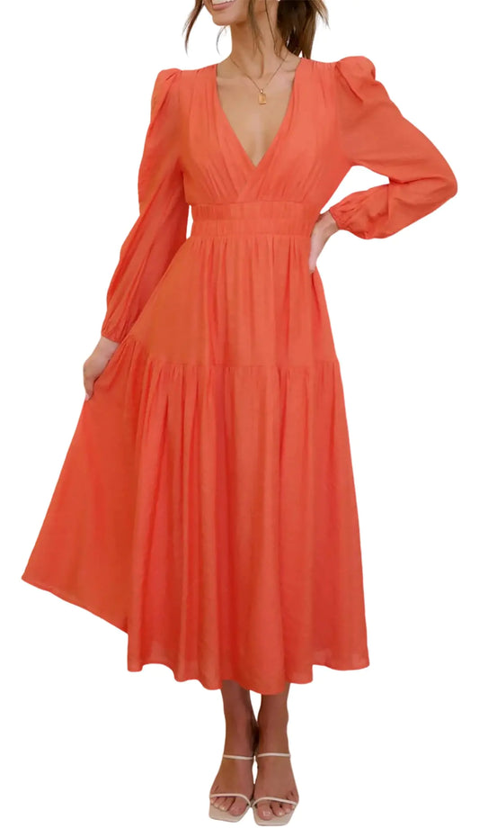 R.Vivimos Womens Casual Long Sleeve Midi Dress Deep V Neck Elastic Waist A-Line Tiered Flowy Elegant Dresses (XL Orange)