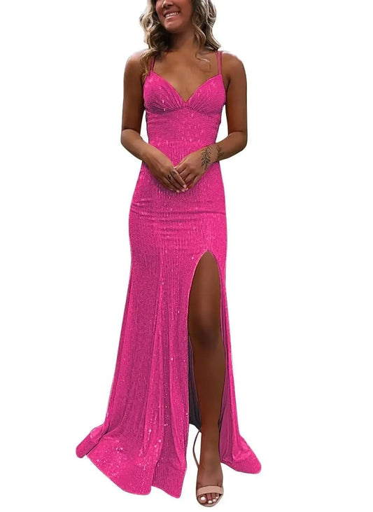 PUXIU Womens Sparkly Prom Dresses Hot Pink with Slit Sexy Spaghetti Strap Mermaid Prom Dresses for Women 2025 Backless 4
