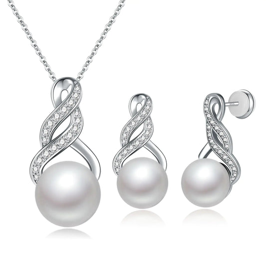 LOIPURI Pearl Necklace and Earring Set for Women-Infinity Round White Pearl Jewelry Set Cubic Zirconia Sterling Silver Rhodium Plated Pearl Set Anniversary Valentines Day Birthday Gift Wife Mom