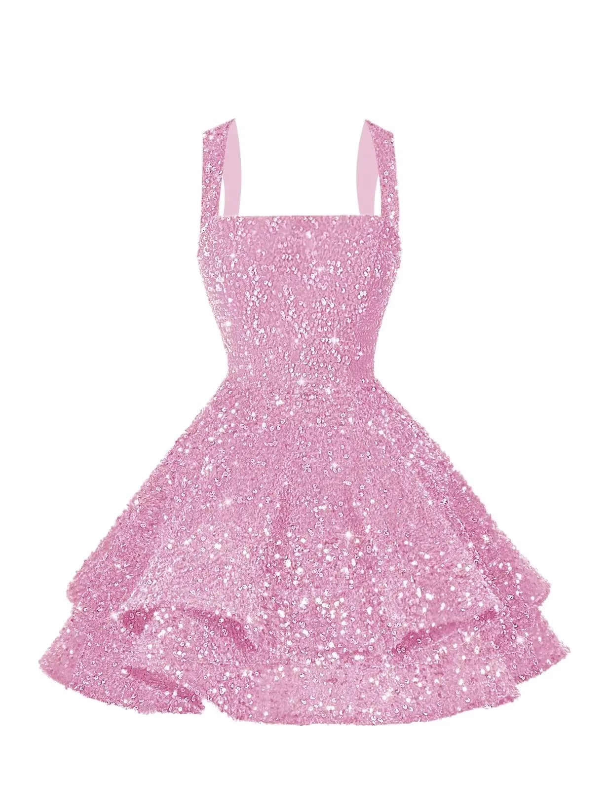 vintys Spaghetti Straps Tiered Sequin Pink Homecoming Dresses for Teens A Line Scoop Neck Prom Dress Short Cocktail Party Dresses for Juniors 00