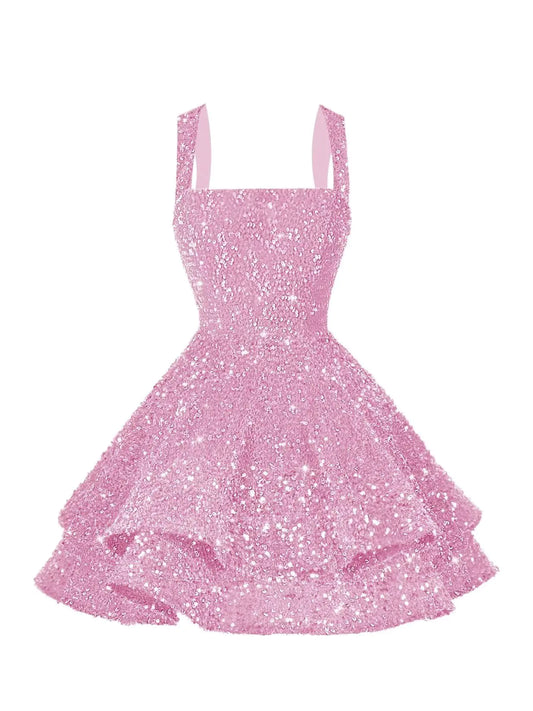 vintys Spaghetti Straps Tiered Sequin Pink Homecoming Dresses for Teens A Line Scoop Neck Prom Dress Short Cocktail Party Dresses for Juniors 00