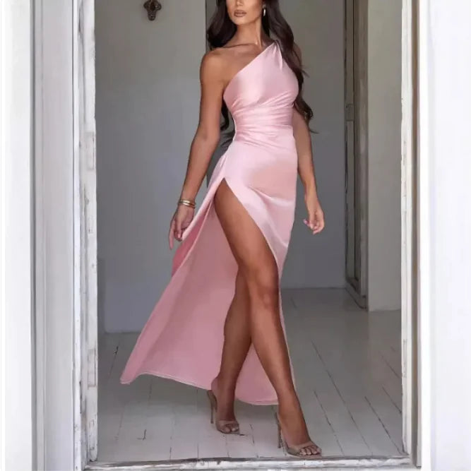 Sexy One-shoulder Backless Slit Dress Summer Elegant Slim-fit Solid Color Satin Dresses For Women