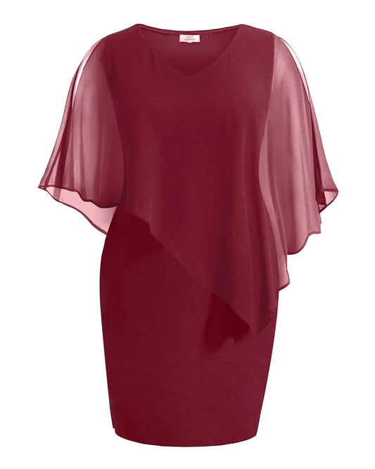 Plus Size Cocktail Dresses for Weddings Burgundy Mother of The Bride Chiffon Wine Cape Curvy Bodycon Elegant Party Dress
