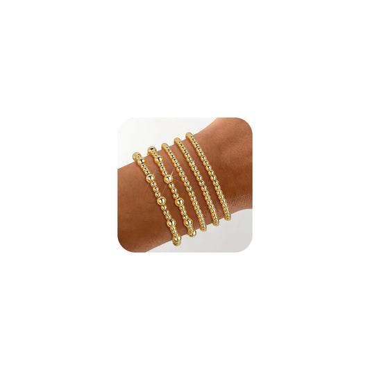 Wowshow Gold Bracelets for Women Gold Beaded Bracelets Gold Stack Bracelets Ball 14K Gold Plated Bracelet Stack Set Adjustable Gold Jewelry for Women (6.8 Inch)
