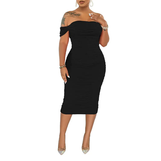 PINSV Women Ruched Off Shoulder Dress Bodycon Party Elegant Midi Dresses Black XL