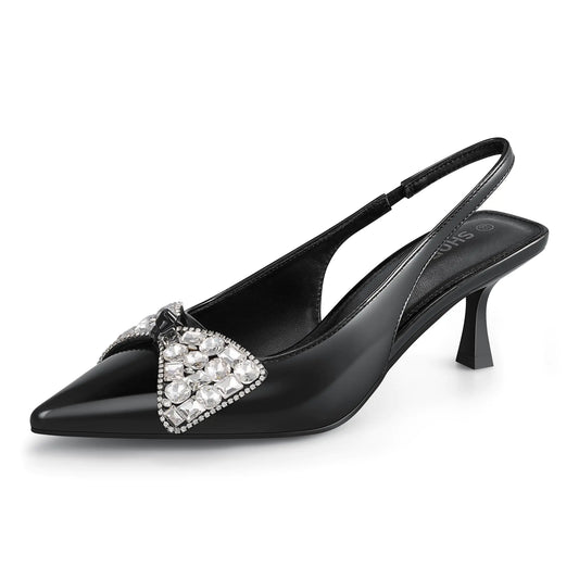 Womens Slingback Kitten Heels with Bow 2.4-Inch Low Heels Closed Pointed Toe Pump Dress Shoes Black