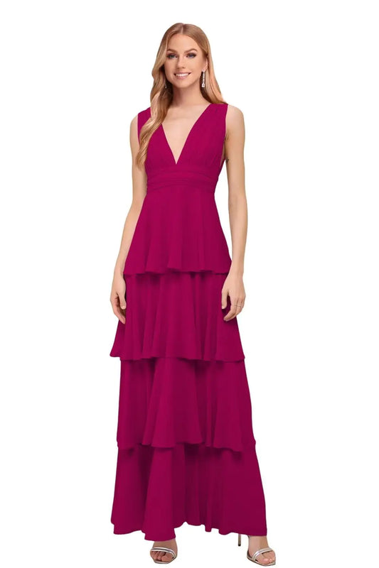 XIUMAO Elegant Fuchsia Bridal Dresses 2024 Plus Size V Neck Chiffon Ruffle Cocktail Dresses Long A Line Backless Formal Party Dreses 18W Fuchsia