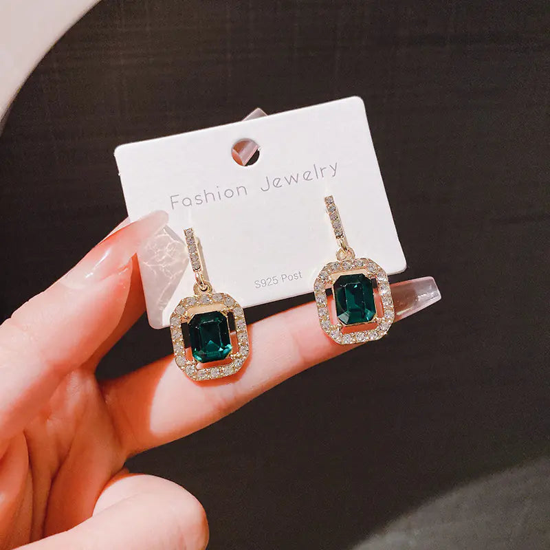 925 Silver Green Emerald Geometric Stud Earrings