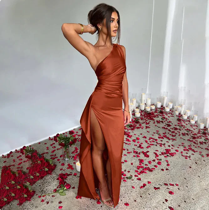 Sexy One-shoulder Backless Slit Dress Summer Elegant Slim-fit Solid Color Satin Dresses For Women