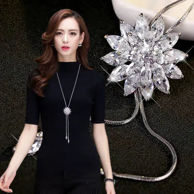 Fashionable Long Necklace with Zirconia Snowflake Design