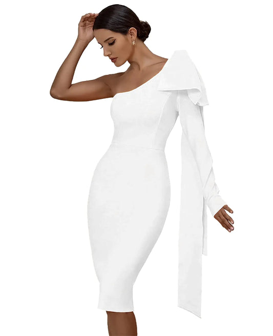 Maketina Womens One Shoulder Ruffle Long Sleeve Bandage Dress Club Cocktail Dresses White S