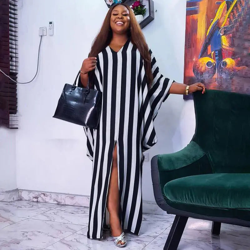 Elegant Plus Size Striped Party Dresses with Batwing Sleeves