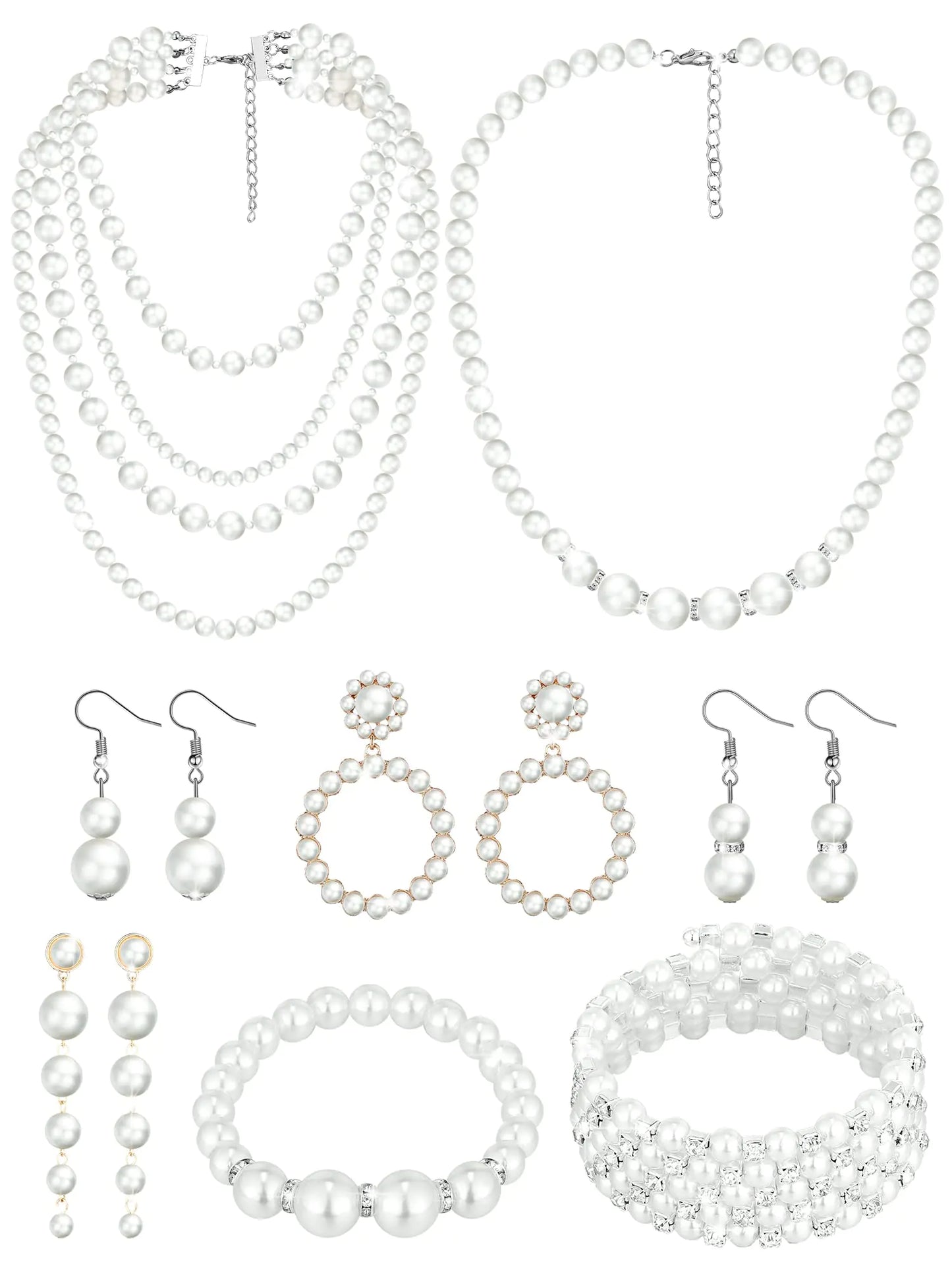 BBTO 8 Pcs Pearl Necklace and Earrings Set for Women Pearl Jewelry Set Faux Pearl Necklace Earrings Simulated Pearl Bracelets (Delicate Style)