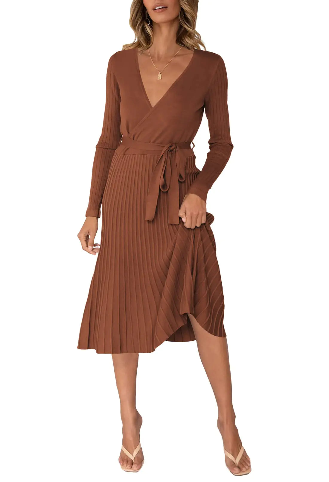 Pink Queen Womens V Neck Sweater Wrap Dress Long Sleeve Elegant Cocktail Flowy Knit Midi Dresses Coffee M