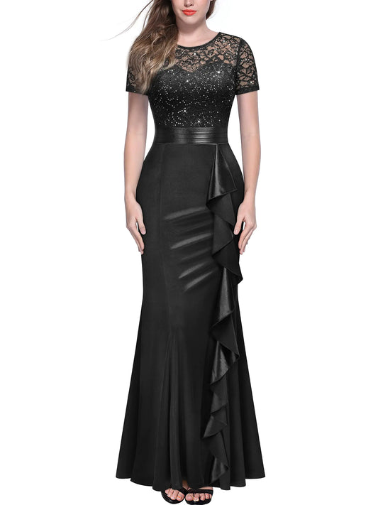 Miusol Womens Elegant Sequin Lace Contrast Ruffle Style Formal Evening Long Dress (Medium Black)