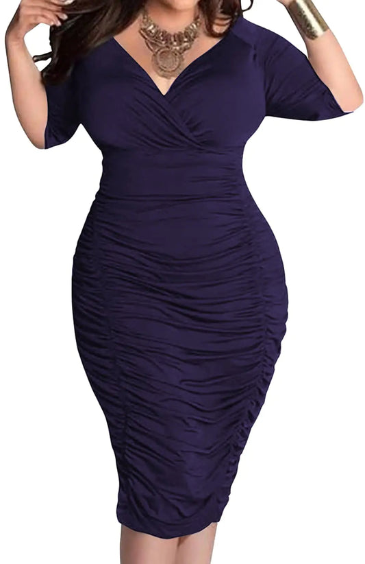 Yiershu Plus Size Dresses for Women Sexy Half Sleevees Elegant Wrap V-Neck Ruched Cocktail Evening Party Bodycon Pencil Casual Dress for Business Workwear Navy