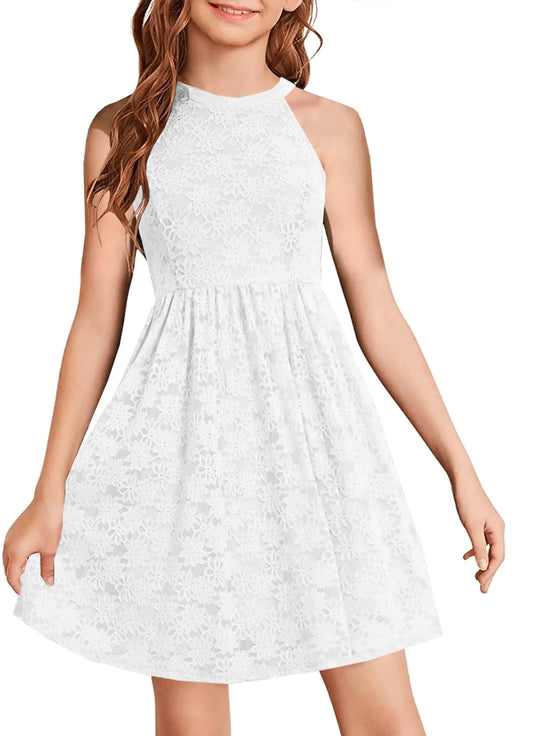 HOSIKA Girls Birthday Party Dresses Elegant Halter Neck Sleeveless Floral Lace Girls Dress for Kids 6-12 Years White M