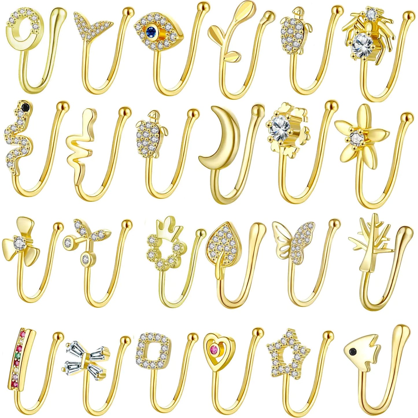 JDXN 24 PCS Fake Nose Rings Set Ear Clips Non Piercing Earrings Inlaid CZ Non Piercing Jewelry Fake Nose Ring Spring Clip on Circle Hoop No Pierced Body Jewelry Set For Women Men (24PCS Gold Plated 3)