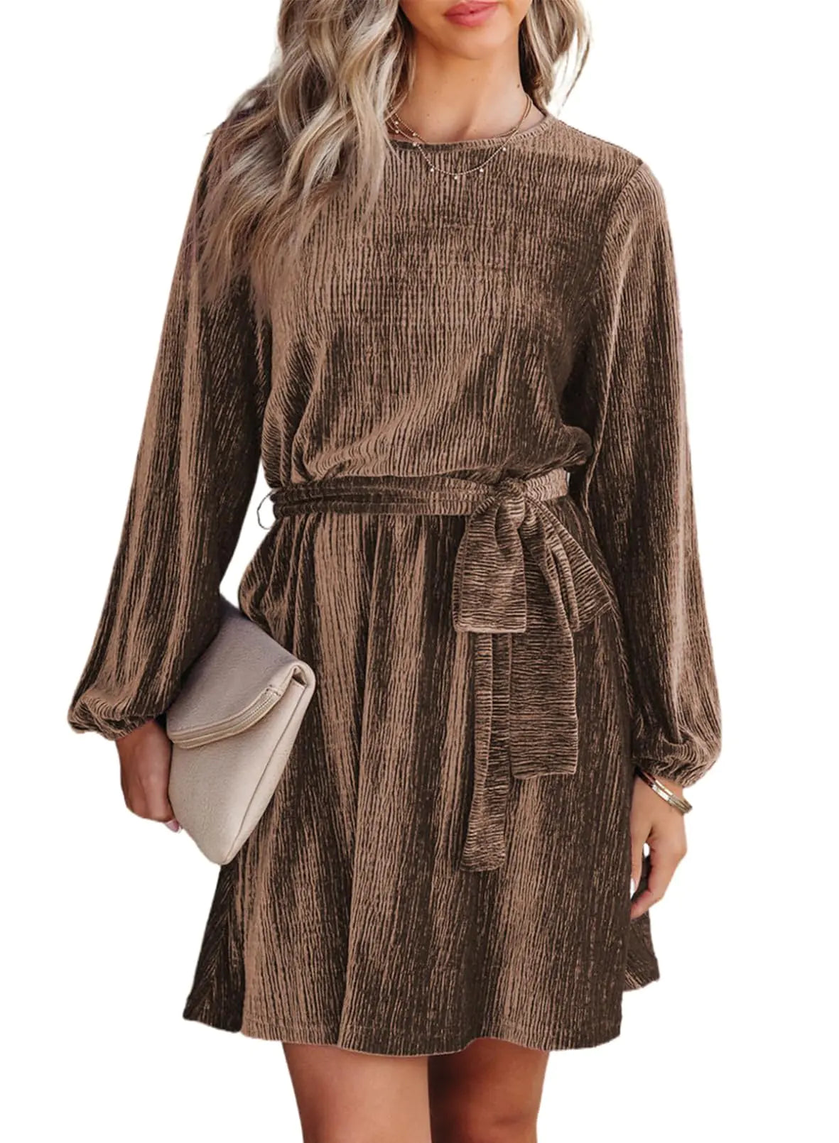 Happy Sailed Dresses for Women Spring Fashion Long Sleeve Tie Waist A-Line Skater Elegant Velvet Mini Cocktail Party Dresses Brown Large