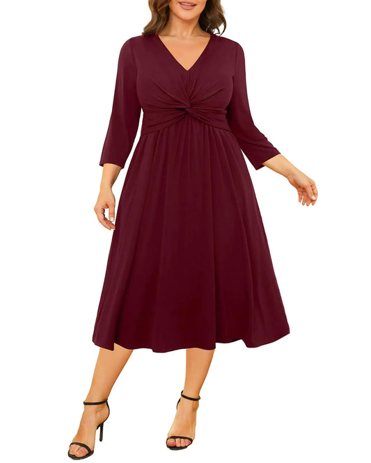 Talisea Burgundy Plus Size Dresses Wedding Guest Cocktail Party semi Formal Elegant Curvy midi Dress Fall Winter a line