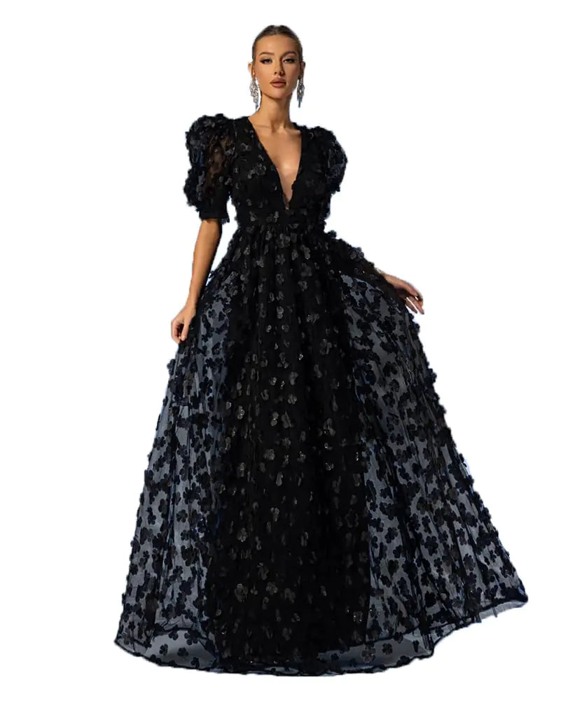 Womens Floral Tulle A Line Puffy Sleeve Prom Dresses Elegant V Neck Formal Evening Party Gowns Black