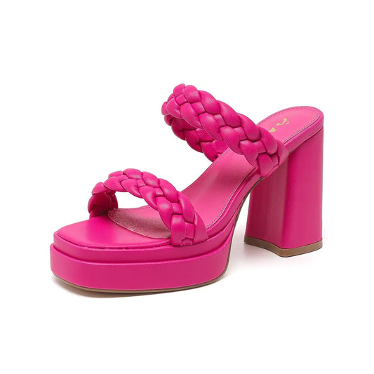 Amoji Womens Pink Platform Heels Chunky Heeled Braided Sandals Dress Block Thick Heels 314 Hot Pink Fuchsia 9.5 women