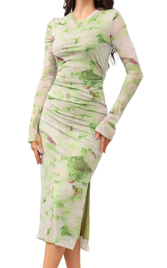 Womens Elegant Printed Dress Fall Fashion Long Sleeve Tie Dye Mesh Slit Ruched Fitted Midi Party Club Dresses Green XL