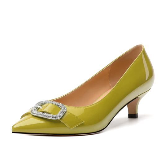 RLYGHWAO Womens Pumps Pointed Closed Toe Kitten Heels Rhinestone High Heels for Women Fashion Slip-on Low Stiletto Heels Yellow Green Patent Size 11