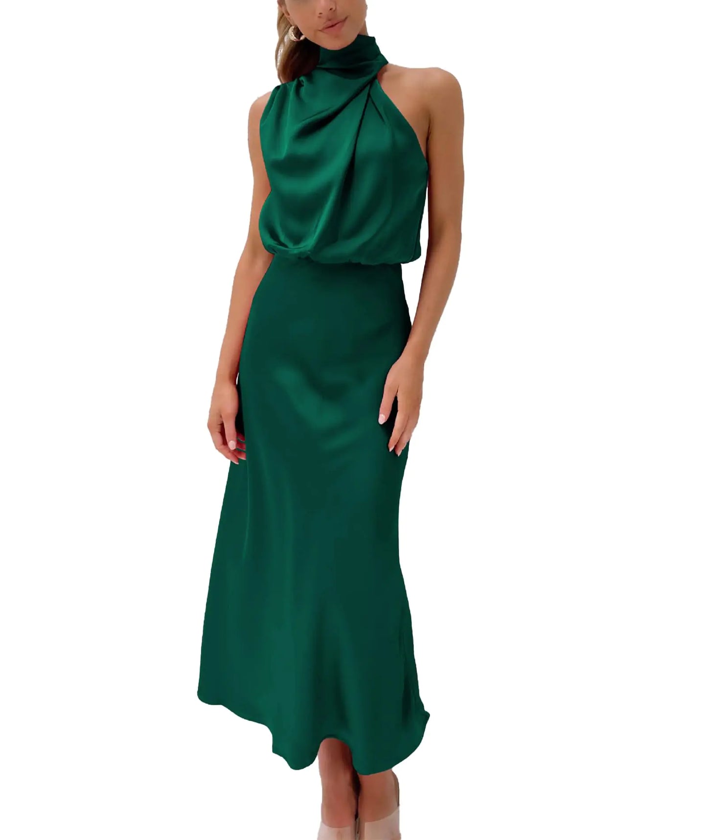 Sexyshine Womens Halter Sleeveless Satin Dress Elegant Mock Neck High Waist Cocktail Party Formal Wedding Maxi Dress(25117DNL)