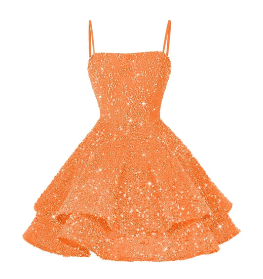 YOFF Sparkly Sequin Tiered Homecoming Dresses Short Spaghetti Straps Prom Dresses A-line Scoop Neck Evening Cocktail Gowns for Juniors Orange 2