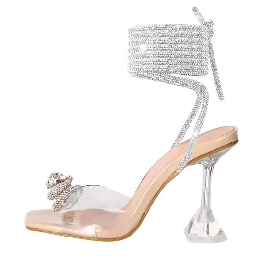 Yolkomo Womens Rhinestone Bow Heels Square Toe Clear Heels Transparent Lace Up Heels for Women Tie-Up Stiletto High Heeled Sandals Nude Size 8