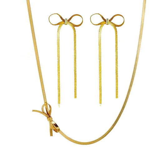 Bow Dangle Choker Necklace Set for Women Long Tassel Chain Earrings Dainty Gold Snake Chain Necklace Wedding Prom Fashion Jewelry Set Gifts