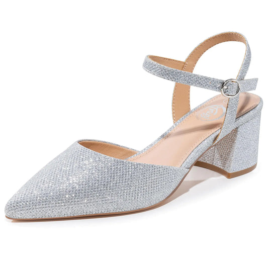 Trary Womens Pumps Silver Glitter Heels for Women Wedding Sparkly Block Chunky Heels Sexy Ankle Strap Bridal Party Dress Pumps Shoes Size 11