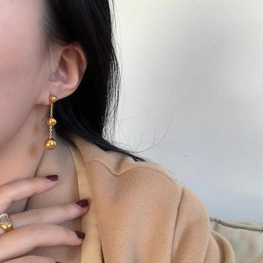 Gold Titanium Steel Round Ball Tassel Earrings