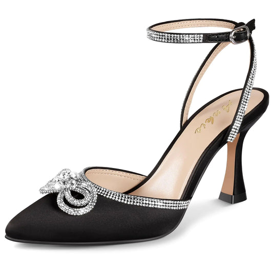 Ankis Womens Rhinestone Bow Heels Closed Toe Pumps Strappy Heels for Women Wedding Shoes for Bride Party Prom Evening Dress Shoes Black Satin