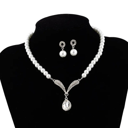Bridal Jewelry Set with Pearl Necklace - Korean Style
