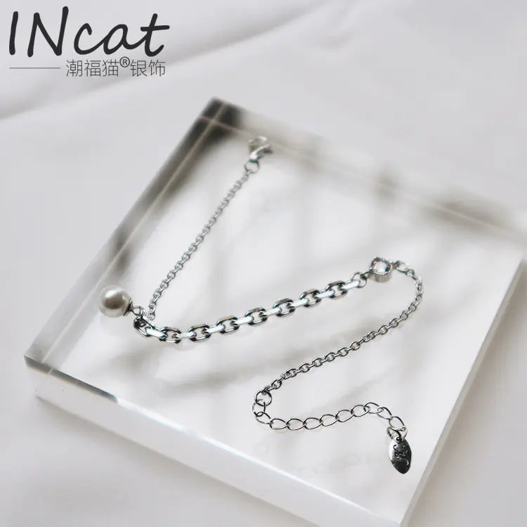S925 Silver Pearl Cross Chain Bracelet Jewelry