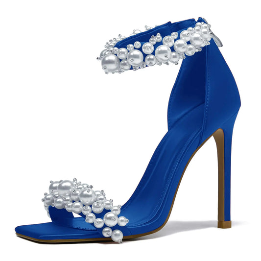driceic Womens Blue Pearl Stiletto Heels Sandals Open Square Toe sparkly heels Ankle Back Zipper bridal heels Satin Wedding Sexy prom heels Party Dressy Shoes 6