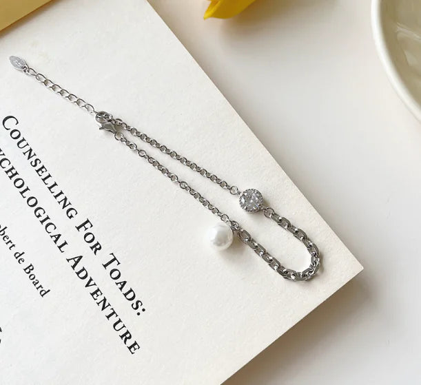 S925 Silver Pearl Cross Chain Bracelet Jewelry